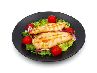 Grilled chicken breast with green salad and tomatoes isolated on white background