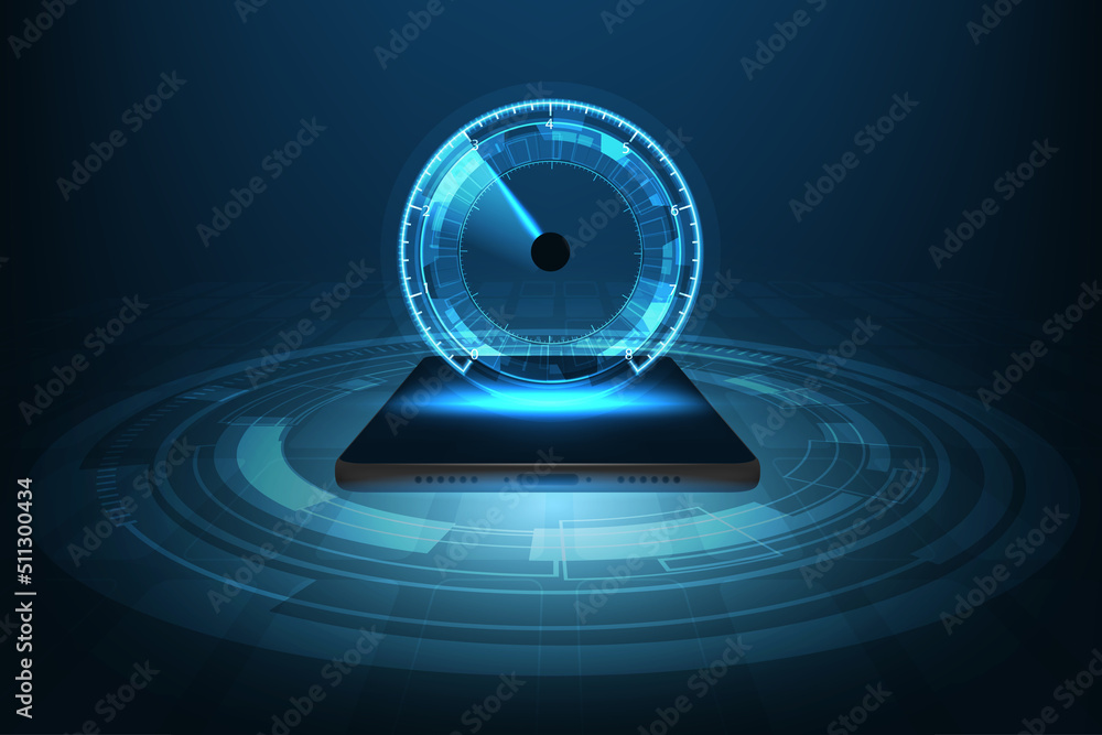 Poster vector technology internet speed test smartphone interface template. mobile internet booster screen.
