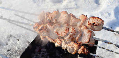 Banner. Kebab. Close-up. Meat on the fire, on skewers. Cooking meat on an open fire. Pork.