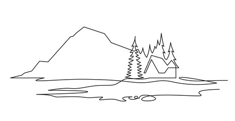 Rural landscape continuous one line vector drawing. Lake house in the woods near the mountain hand drawn silhouette. Country northern nature panoramic sketch.