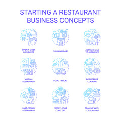 Starting restaurant business blue gradient concept icons set. Food trucks and pubs idea thin line color illustrations. Planning startup. Isolated symbols. Roboto-Medium, Myriad Pro-Bold fonts used