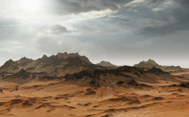 Fototapeta premium Landscape with rock formations and sand under a cloudy sky. 3D render.