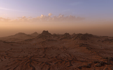 Fototapeta na wymiar Landscape with rock formations and sand at sunrise. 3D render.