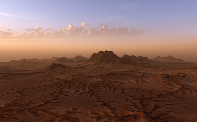 Landscape with rock formations and sand at sunrise. 3D render.