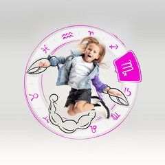 Creative portrait of happy little girl with drawing of zodiac signs isolated on light background with pencil sketches. Concept of birthday, person's character, year, horoscope