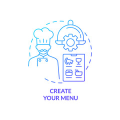 Create menu blue gradient concept icon. Starting restaurant step abstract idea thin line illustration. Representing dishes and drinks. Isolated outline drawing. Myriad Pro-Bold font used