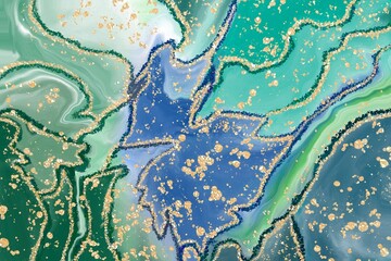 Green and blue marble and Alcohol ink fluid abstract art with gold glitter and liquid