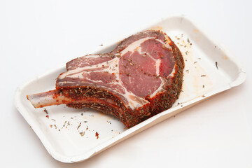 Pork steak, bone, raw meat, diet, calories, cuisine, white background