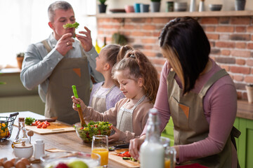 Taking video from the up of amazing happy and excited family in the morning preparing healthy breakfast they add some salad on the plate happy small girls speeding time with their parents