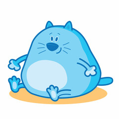 blue fat cat sitting on the buttock, isolated object on white background, cartoon illustration, vector,