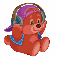 cute little bear in a cap listens to music in big headphones, isolated object on a white background, cartoon illustration, vector,