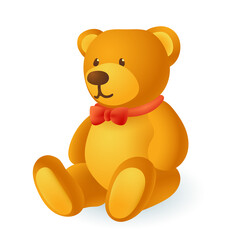 3d cartoon style teddy bear toy icon on white background. Colorful realistic funny childrens plush toy with red tie flat vector illustration. Joy, happiness, love, entertainment concept