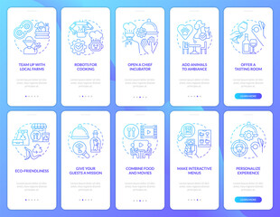 Naklejka premium Restaurant business plan blue gradient onboarding mobile app screen set. Walkthrough 5 steps graphic instructions with linear concepts. UI, UX, GUI template. Myriad Pro-Bold, Regular fonts used