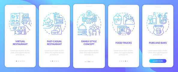 Profitable restaurant business blue gradient onboarding mobile app screen. Walkthrough 5 steps graphic instructions with linear concepts. UI, UX, GUI template. Myriad Pro-Bold, Regular fonts used