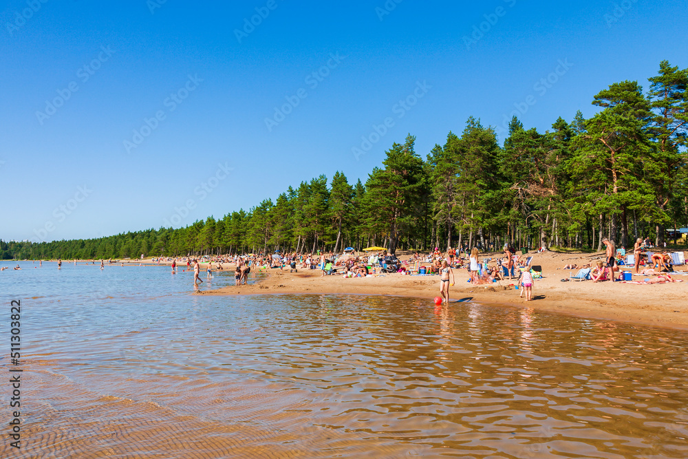 Canvas Prints Beach on a lake with lots of people