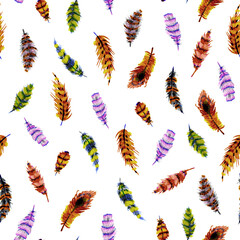 Hand drawn watercolor feathers. Seamless multicolored pattern with watercolor texture. Endless background for textile, packaging, blog header and any other design.