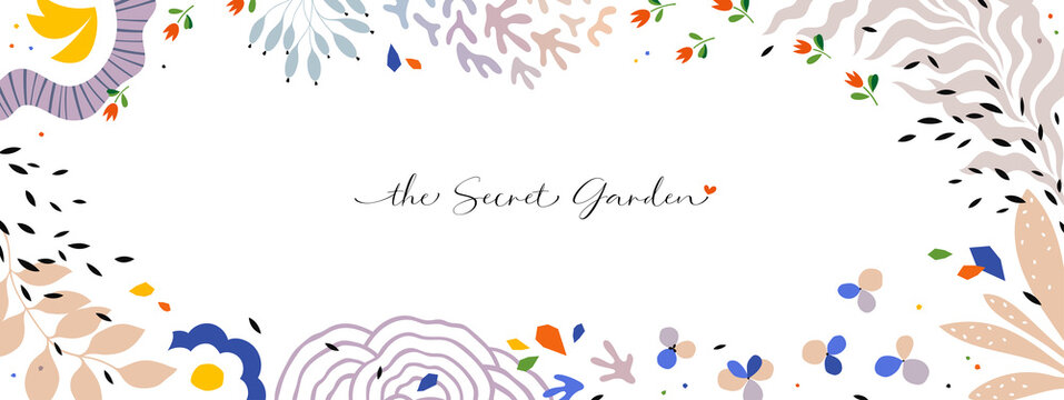 Abstract template with floral and geometric elements on white background. Suitable for email header advertisement, display Ads, post in social networks, events and page cover, business card and poster