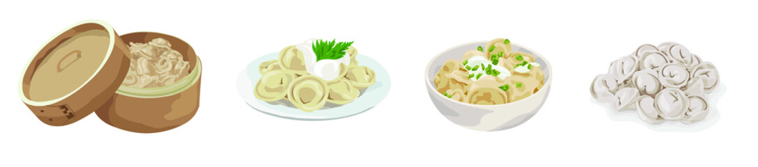 Set of many tasty dumplings on white background
