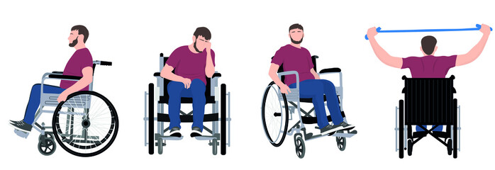 Set of man in wheelchair on white background