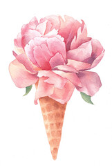Watercolor illustration. Pink peony waffle cone. Peony on a white background. Aquatic sketch.