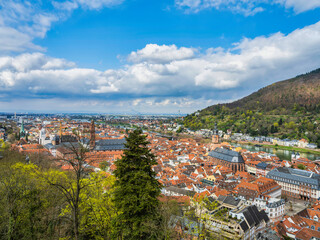 Landscape shot of Heidelberg town with trees and hills in view, Germany