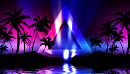 Silhouettes of tropical palm trees against an abstract background with a dark cloud. Reflection of palm trees in the water. Geometric figure in neon glow. Beach party. 3d illustration