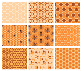 Vector honeycomb pattern set. Honey bee and honeycomb seamless pattern collection. Geometric background with hexagon mosaic.