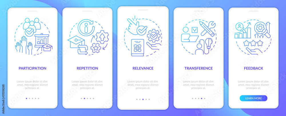 Poster principles of learning for students blue gradient onboarding mobile app screen. walkthrough 5 steps 