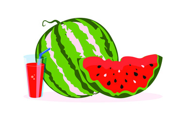 Fresh red watermelon juice in a glass transparent glass with a straw. Healthy and healthy drink in a modern design on a white background. Vector.