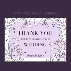 Fototapeta premium Floral wedding Thank you card template in hand drawn doodle style, invitation card design with line flowers, leaves, fern and dots. Vector decorative frame on white and lilac background.