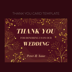 Floral wedding Thank you card template in elegant golden style, invitation card design with gold flowers with leaves, dots and berries. Vector decorative frame on rich red background.