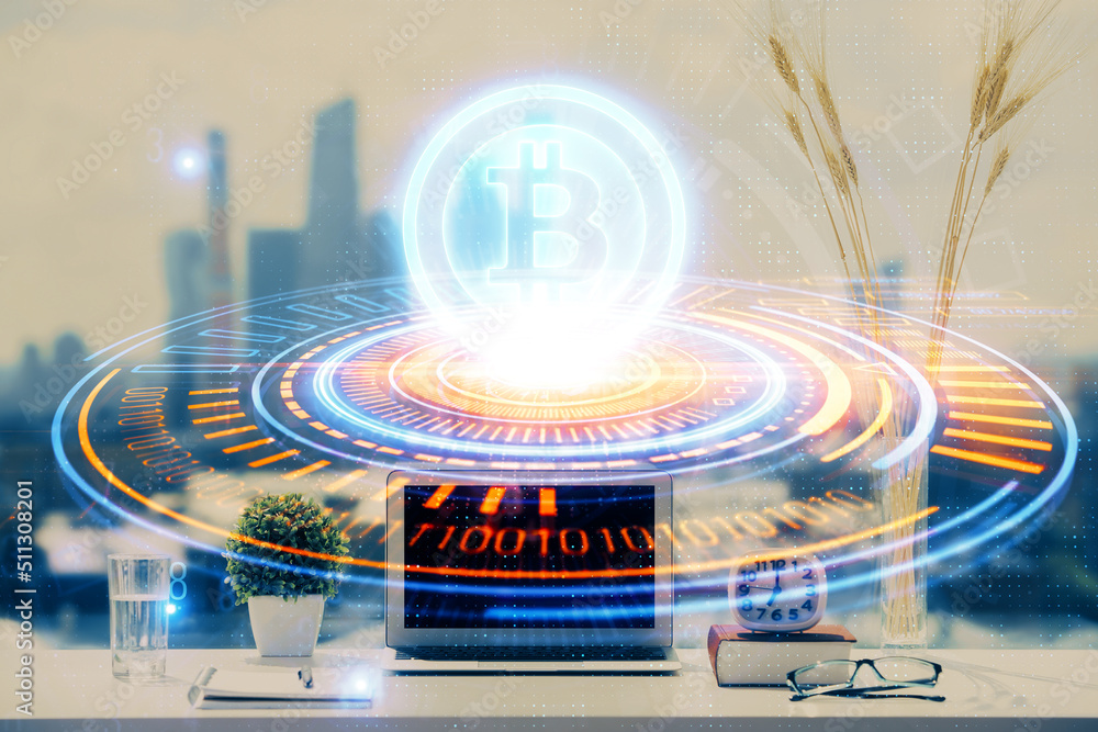 Poster Double exposure of blockchain and crypto economy theme hologram and table with computer background. Concept of bitcoin cryptocurrency.