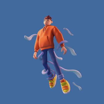 Tall cute brunette boy wears casual fashion clothes orange hoodie blue pants in floating pose in space in harmony with himself, mental body health. Concept of love yourself. 3d render in minimal style