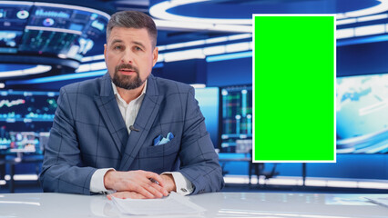 Split Screen TV News Live Report: Male Anchor Talks, Reporting. Reportage Montage with Picture in...