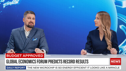 TV Live News Program: Two Presenters Reporting, Discuss Daily Events, Discuss Business, Economy,...