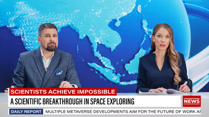 TV Live News Program: Two Presenters Reporting, Discuss Daily Events, Discuss Business, Economy,...