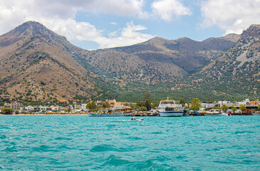 Village of Elounda also known as Elounta or Elouda on island of Crete in Greece, Europe. Seen from...