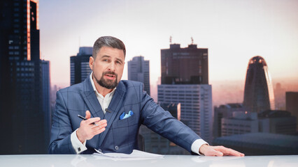 Daytime TV Talk Show Live News Program: Male Anchor Presenter Reporting, Showing Gesture. Television Cable Channel Anchorman Host Talks. Network Broadcast Newsroom Studio Mockup. - obrazy, fototapety, plakaty
