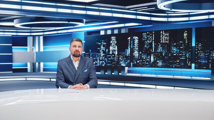 Beginning Evening News TV Program: Anchor Presenter Reporting on Business, Economy, Science,...