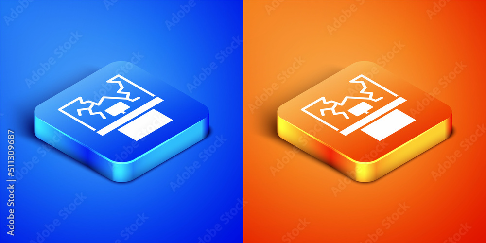 Poster isometric broken window icon isolated on blue and orange background. damaged window. beaten windowpa