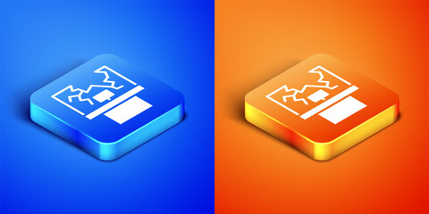 Isometric Broken window icon isolated on blue and orange background. Damaged window. Beaten windowpane concept. Vandalism. Square button. Vector