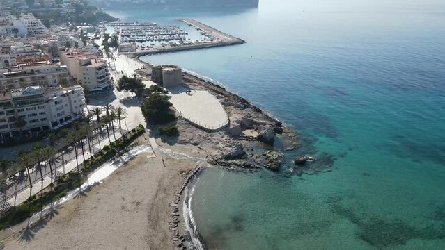 Aerial views from Moraira's coast. Drone video in Moraira, White Coast, Alicante, Spain. Les platgetes, Moraira. 