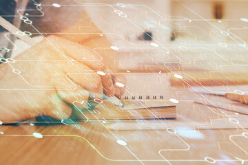 Writing human hands with tech theme multi exposure icons.