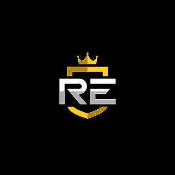 Shield, Crown and Letter RE logo or icon design