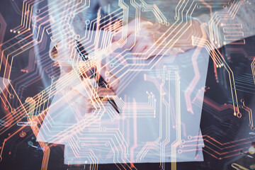 Technology theme hologram over woman's hands taking notes background. Concept of Tech. Double exposure