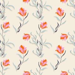 Fototapeta na wymiar Contemporary floral seamless pattern with abstract tulips print. Fashionable template for design. Soft feminine pastel palette