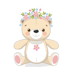 Cartoon teddy bear in a wreath of spring flowers