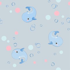 Cute pastel seamless pattern with baby Whales and colorful bubbles