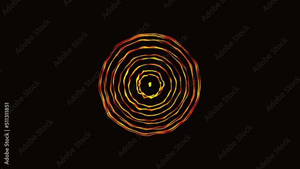 Poster animated neon orange background with rotating sphere symbol. pattern fire plexus lines. circular maz