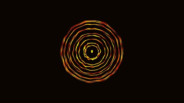 Animated neon orange background with rotating sphere symbol. Pattern fire plexus lines. Circular maze. Hypnosis session. Stunt. Intro computer screensavers, business, technology, logo, science. 4k